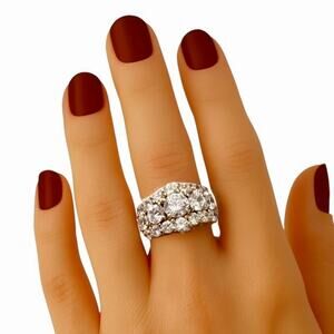 Jean Dousset CZ Cluster Cocktail Ring Vermeil Sterling Silver Sz 7.75 Wide Band